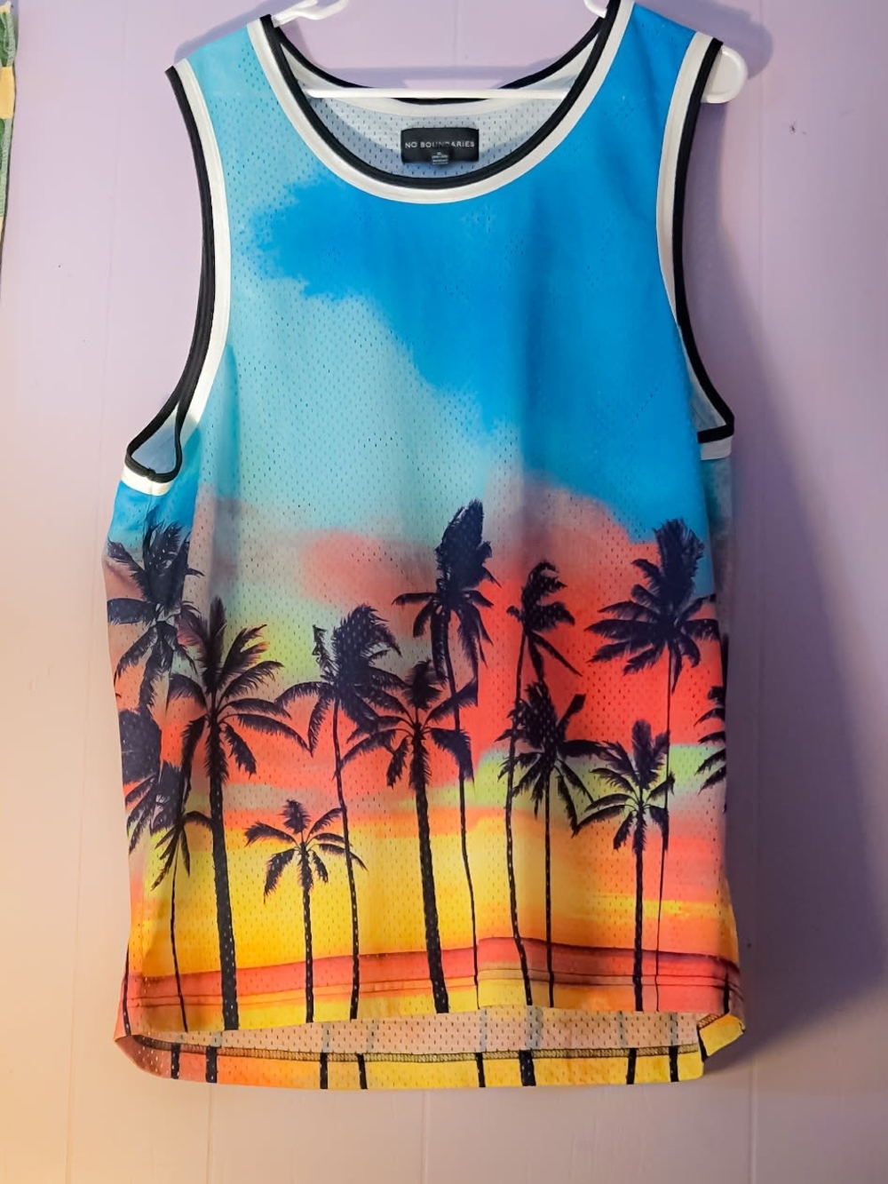 No Boundaries Men’s Tropical Sunset Palm Tree Perforated Mesh Tank Top XL